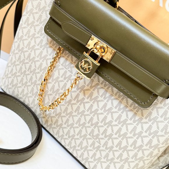 Michael Kors Hamilton SM Belted Satchel Shoulder Crossbody Bag MK Vanilla/Olive